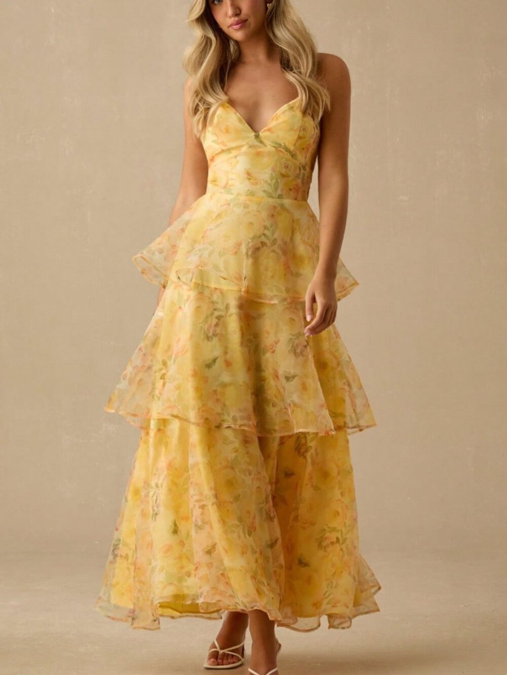 Yellow Women's Romantic Floral Print Spaghetti Strap Ruffled Hem Maxi Dress - Picture 4 of 7